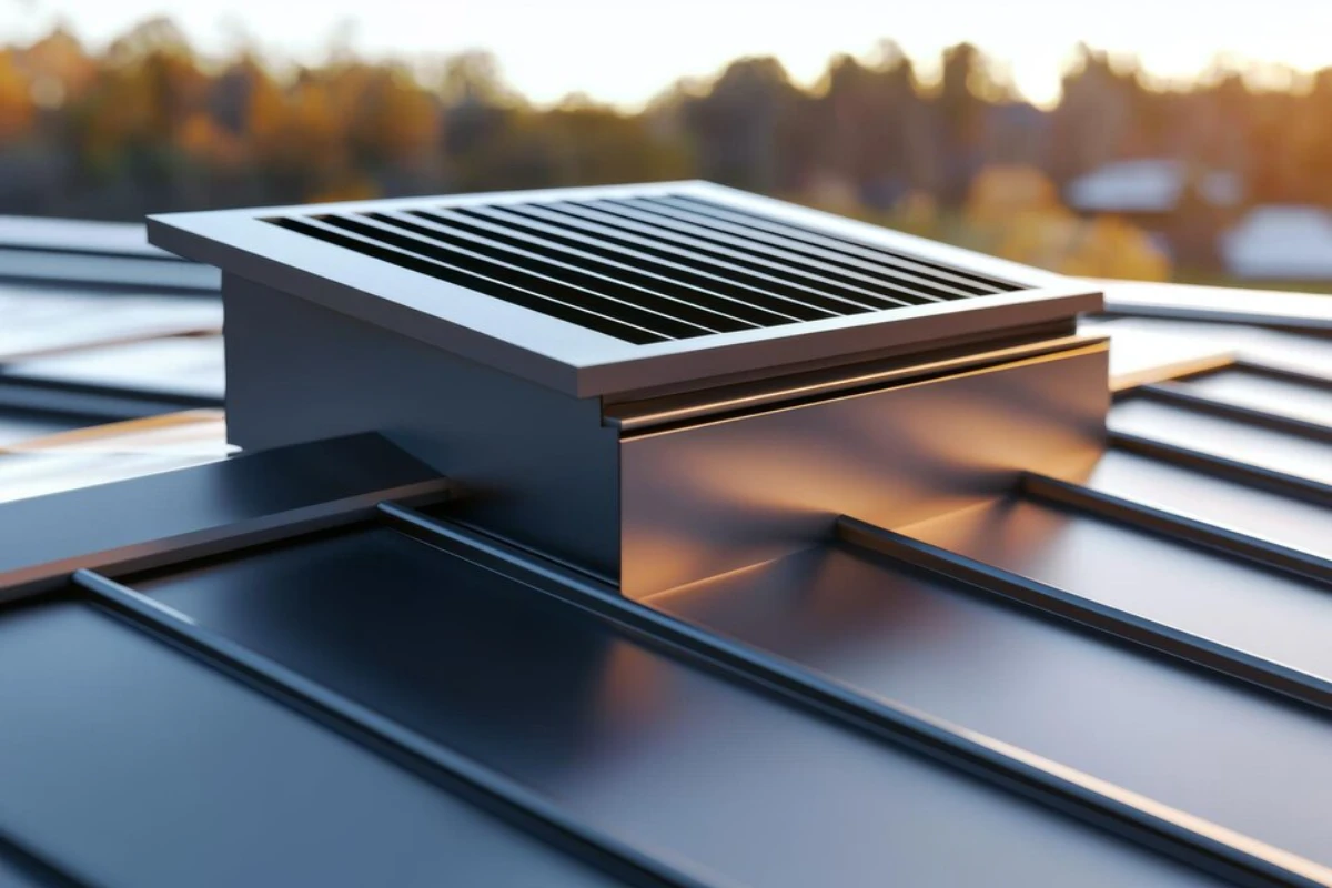 closeup metal roof vent designed ventilation showcasing sleek lines modern aesthetic against blurred natural background large